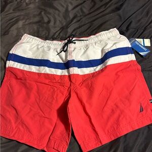 Nautica Red White and Blue Colorblock Swim Shorts